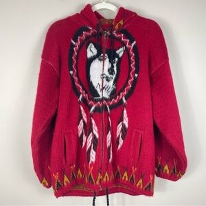 Ruminahui Wool Full Zip Sweater Mens Dream Catcher Long Sleeve Wolf Jacket Red